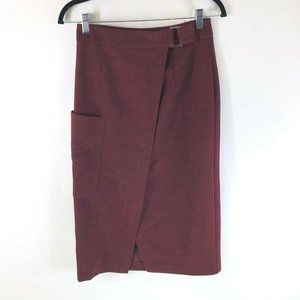 Asos Pencil Skirt Faux Wrap Midi Buckle Pocket Stretch Burgundy Size 4